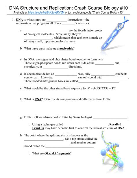 dna structure and replication worksheet crash course